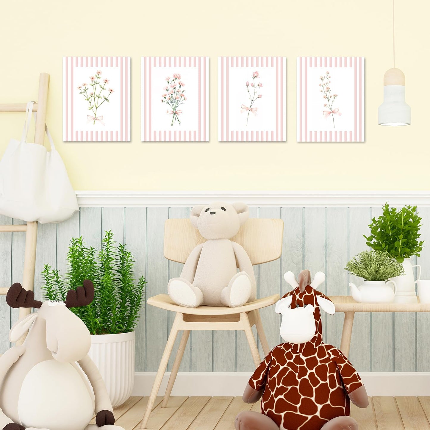 JINYO Coquette Pink Bow Floral Wall Art Prints Set of 4, Floral Room Decor, Preppy Pink and White Striped Flower Posters Pictures Wall Decor for Girls Room Bedroom Dorm Home, 8x10 Unframed