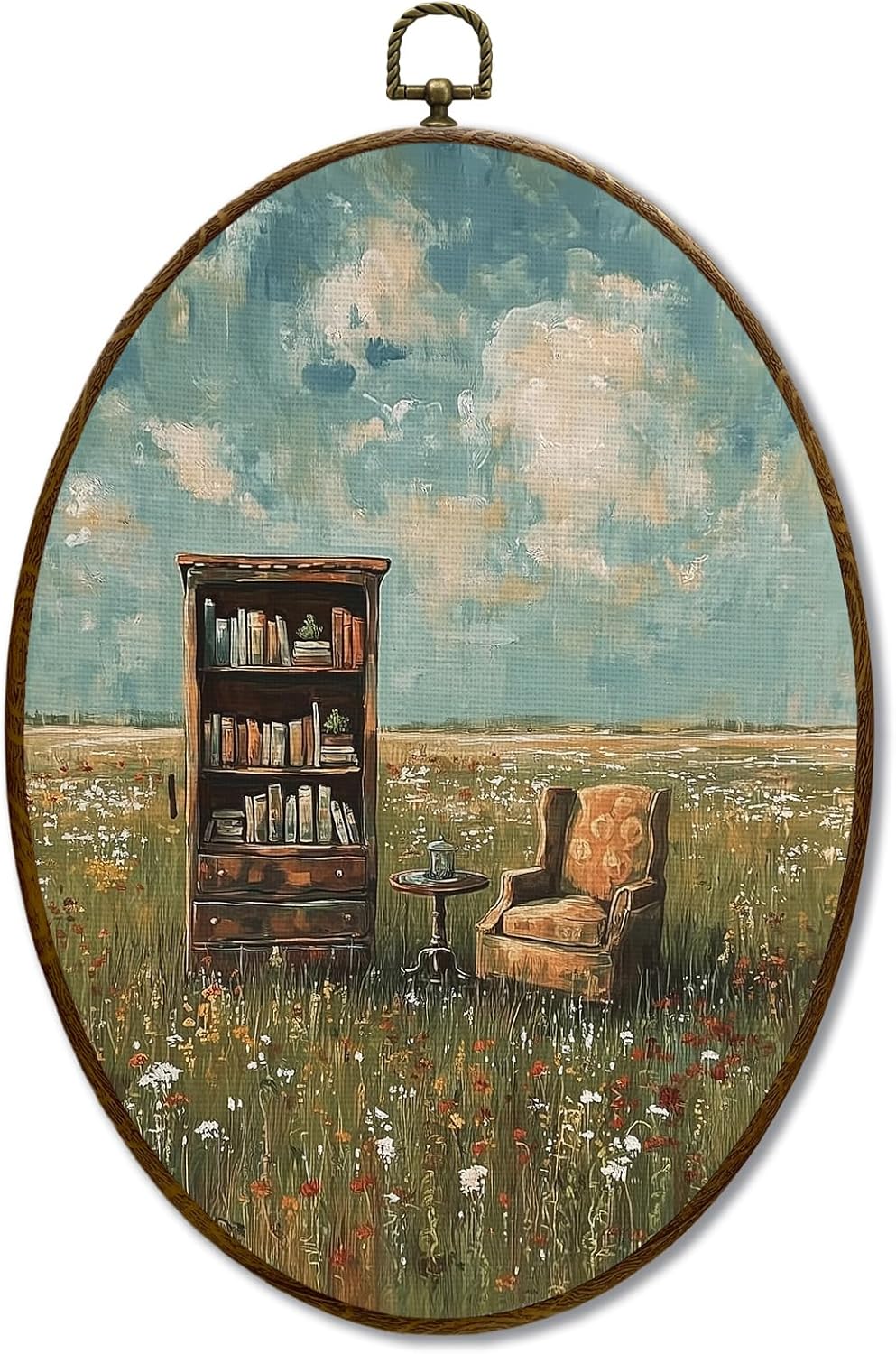 JQF Vintage Whimsical Book Lover Oval Wall Art, Book Reading Oval Canvas Wall Art, Retro Bookish Aesthetic Library Framed Prints Hanging Decor for Reading Room Bedroom Home, 8.5x11.5 Inch