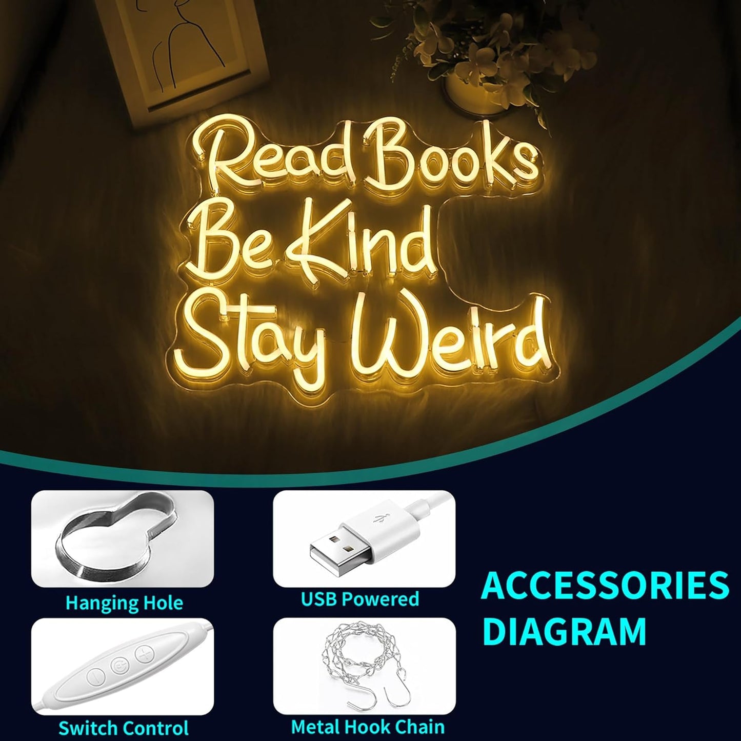 Neon Sign, JGHTURIE Read Books Neon Signs for Wall Decor Warm White Led Lights Signs for Classroom Office Library Bookshop Study Room Decoration USB Powered