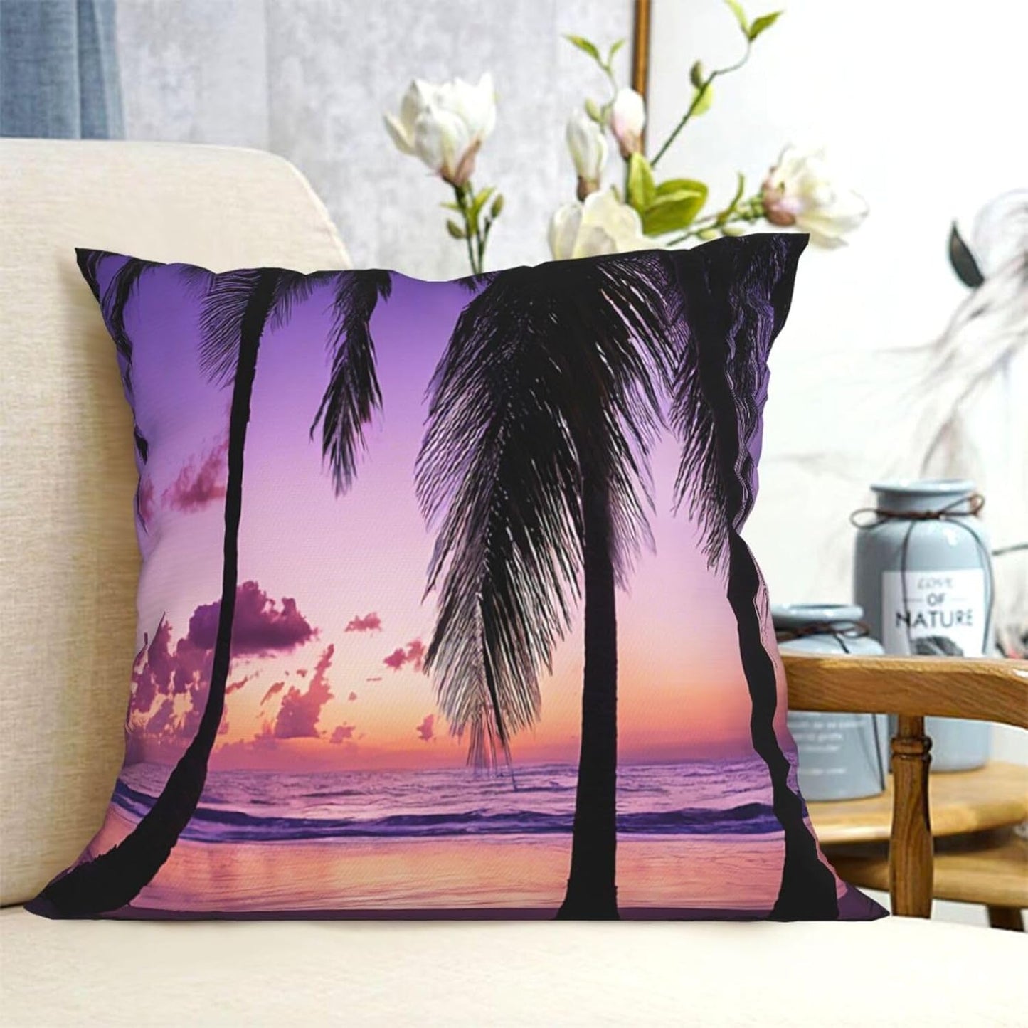 All-Season Square Pillow Covers 18"X18", Palm Trees Sunset, Decorative Throw Pillow Covers for Sofa Bed Couch, Hidden Zipper Cushion Cover, Square Lumbar & Accent Pillowcases for Home Decor