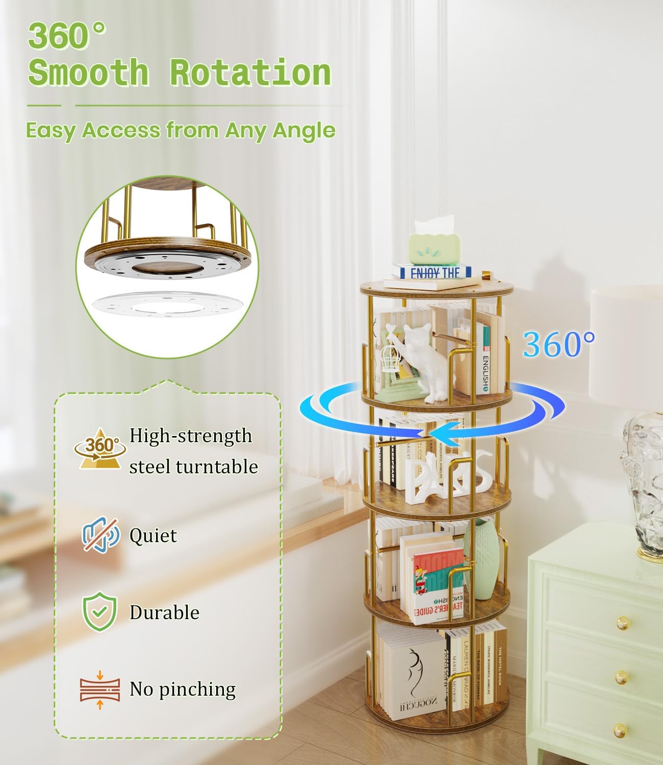 4 Tier Rotating Bookshelf Tower Round Gold,50” Floor Standing Spinning Bookshelf Tower Anti-Tipping Design,Metal & Wood Revolving Bookcase Stackable Space Saving for Small Spaces,Study,Living Room
