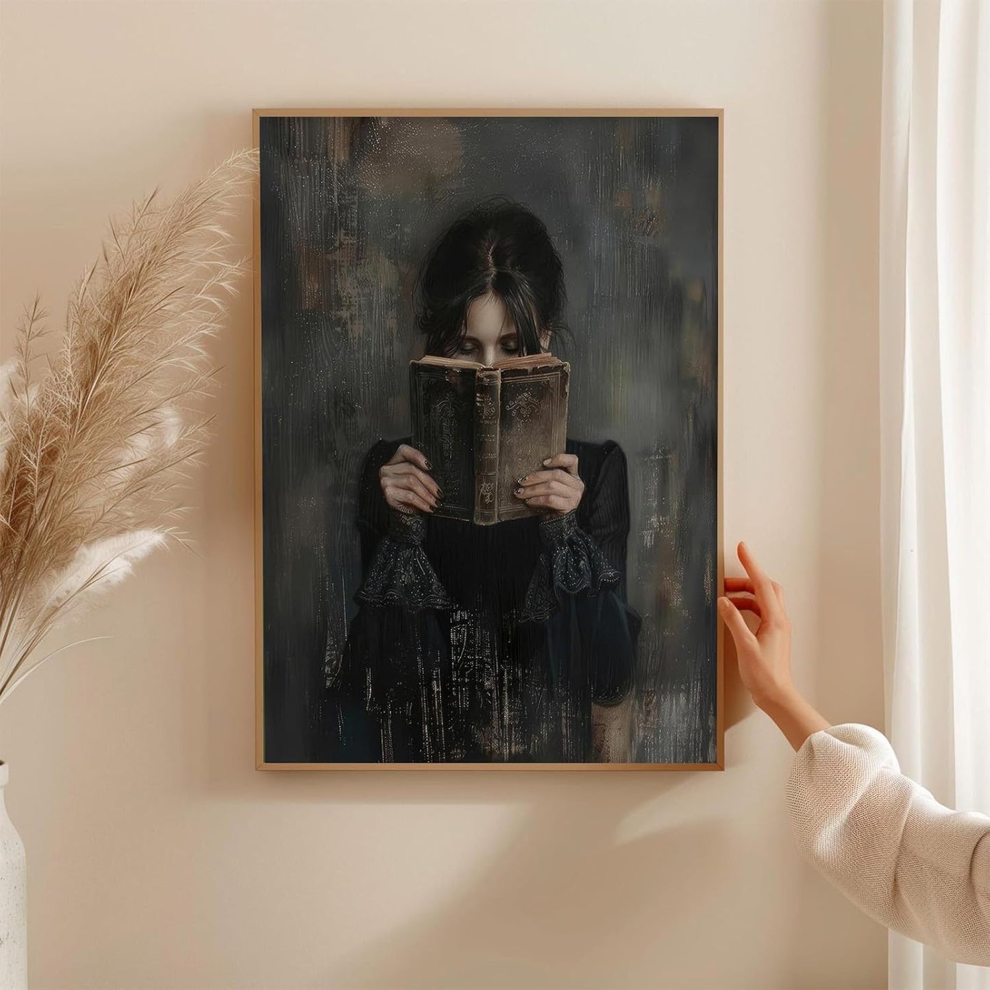 Dark Academia Canvas Wall Art Gothic Victorian Woman Reading Magic Book Poster Print Antique Oil Painting Canvas Print Book Lover Gift Bedroom Gallery Wall Decor 12x16 Incth Unframed