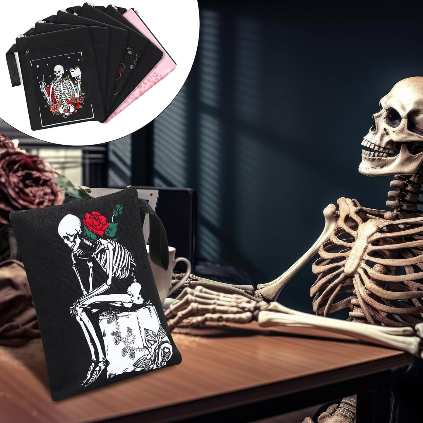 6 Pack Gothic Book Covers Book Club Gifts Book Covers for Paperbacks Skeleton Book Sleeve with Zipper Book Case Bag Gothic Book Protector for Book Lovers Teacher Student Gifts