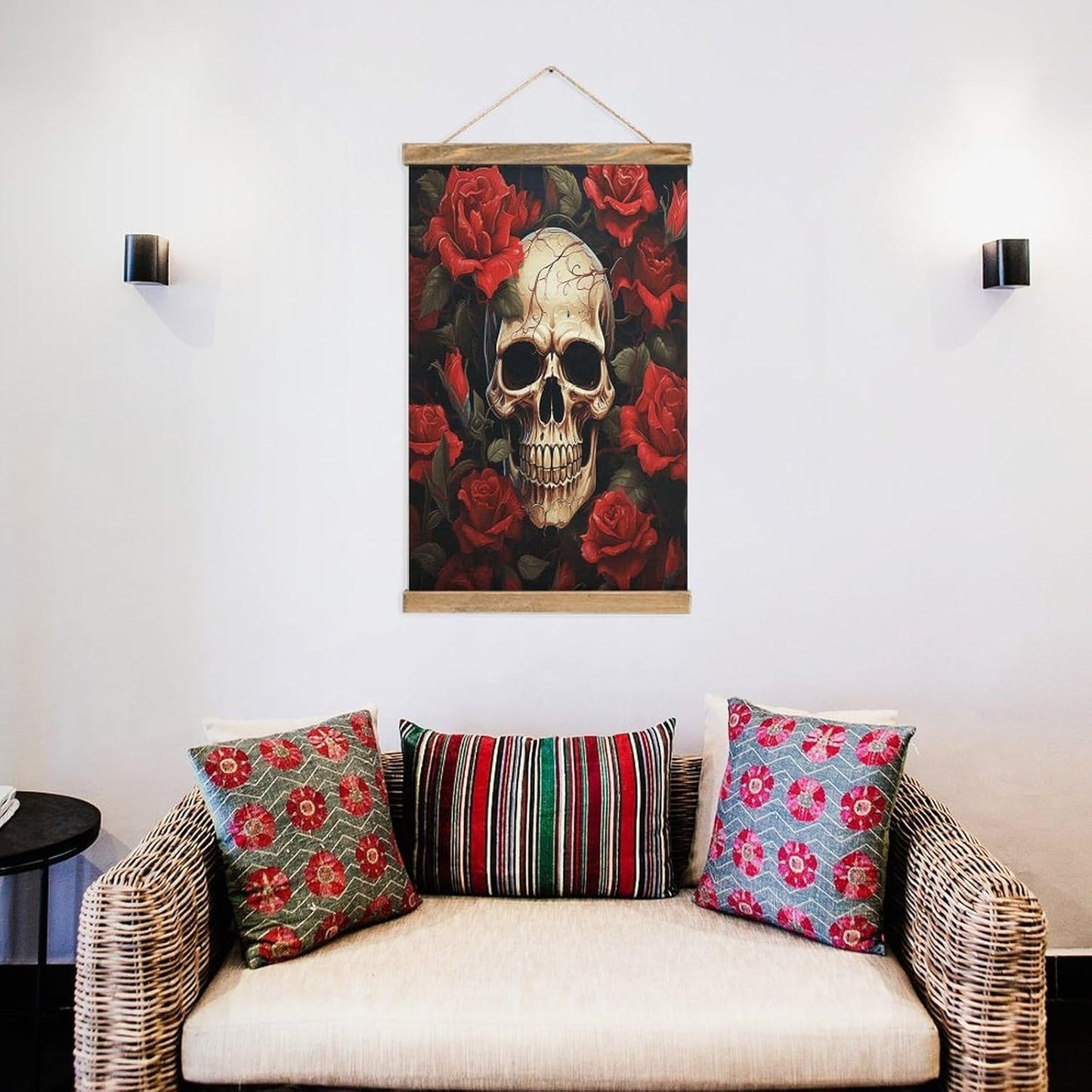 Vintage Skull Rose-Red Poster with Wooden Frame Personalized Linen Hanging Scroll Painting Rustic Wall Hanging Illustrative Modern Artwork Decor for Home Living Room Bedroom Office