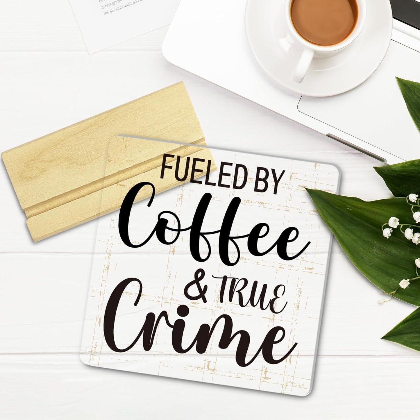 Funny Coffee Acrylic Plaque Gifts for Women Men, Fueled By Coffee And True Crime, Humorous Acrylic Home Kitchen Office Table Decor