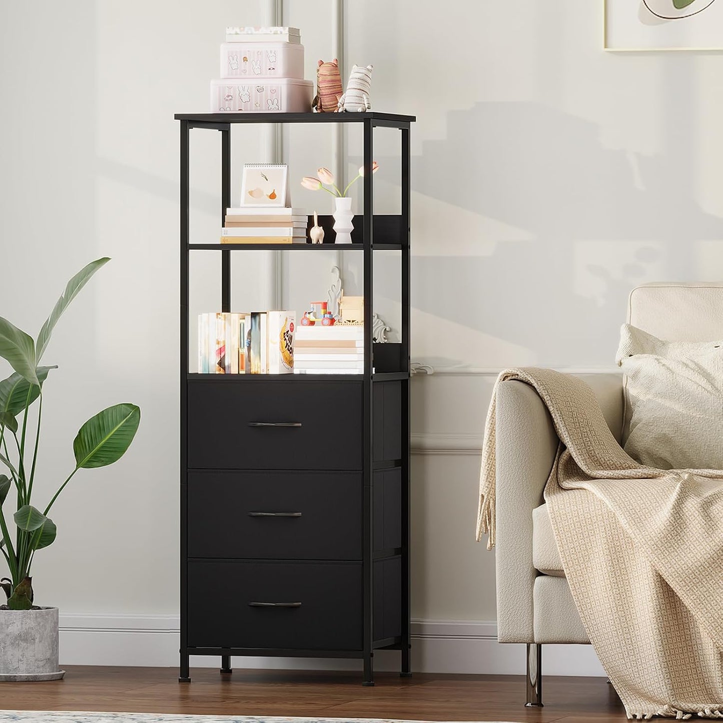 Somdot 5 Tier Bookshelf with Drawer, Tall Bookcase with Shelves, Bookshelf Desktop Organizer, Display Standing Shelf Units for Living Room, Bedroom, Study Room,Black