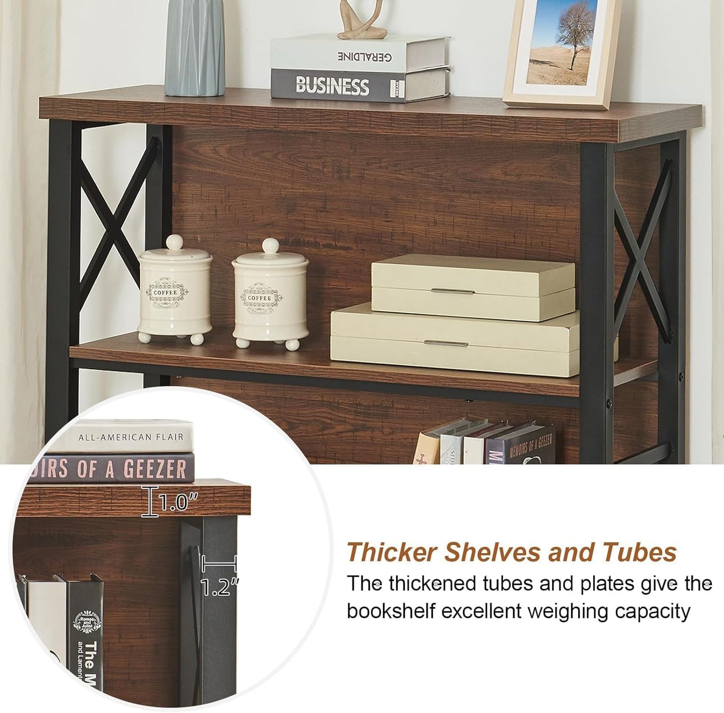 HOMBAZAAR 4-Tier Small Bookshelf, 35.4 Inch Short Book Shelf with Sturdy Metal Frame & Wood Shelves, Rustic Brown Industrial Bookcase for Living Room, Bedroom, Office