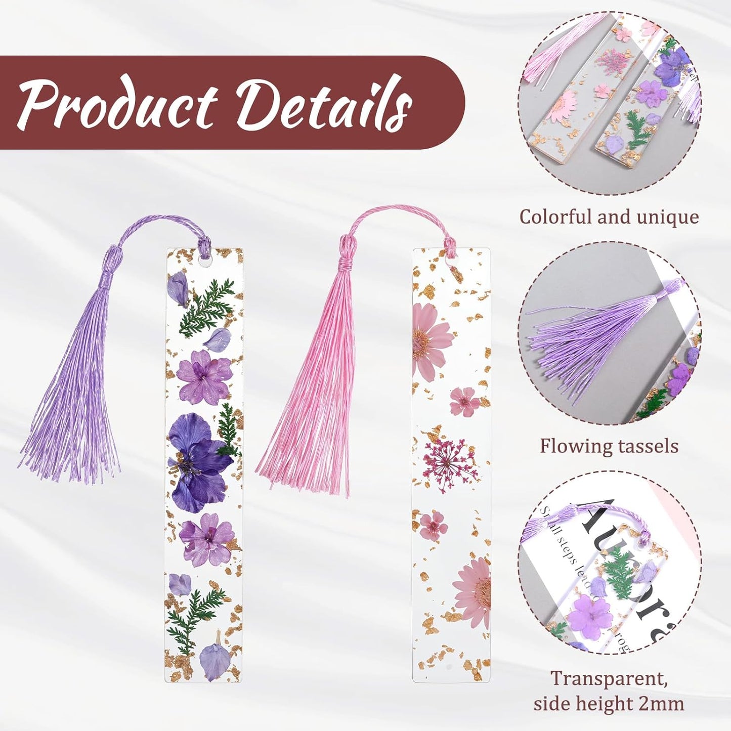 4 Pack Dried Flower Resin Bookmarks Book Lover Gifts Handmade Bookmarks with Tassel Transparent Floral Book Page Holder and Books Mark Set for Reading Lover Students Teachers
