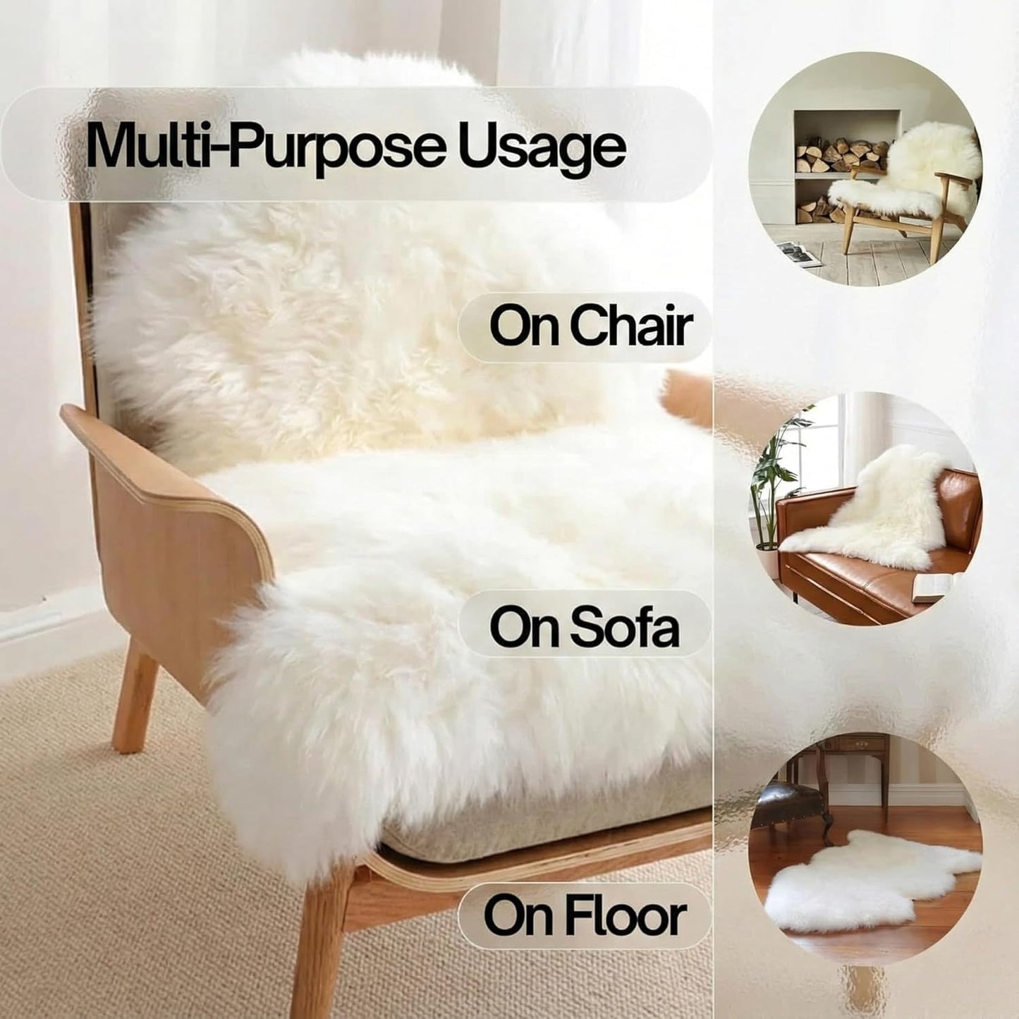 Genuine Sheepskin Rug – New Zealand Sheep Skin Fluffy Soft Single Pelt Lambskin for Bdroom, Living Room, Sofa, Chair, Bedside – Natural Ivory White Area Rug (2 x 3 ft)