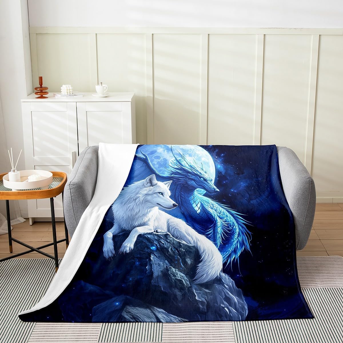Wolf and Dragon Flannel Blankets,Western Magical Animals Fleece Blanket,Kids Girls Boys Adult Moonlight Night Fuzzy Blankets Natural Mountain Sherpa Blanket Chair Sofa Bed Decor,50"×60"