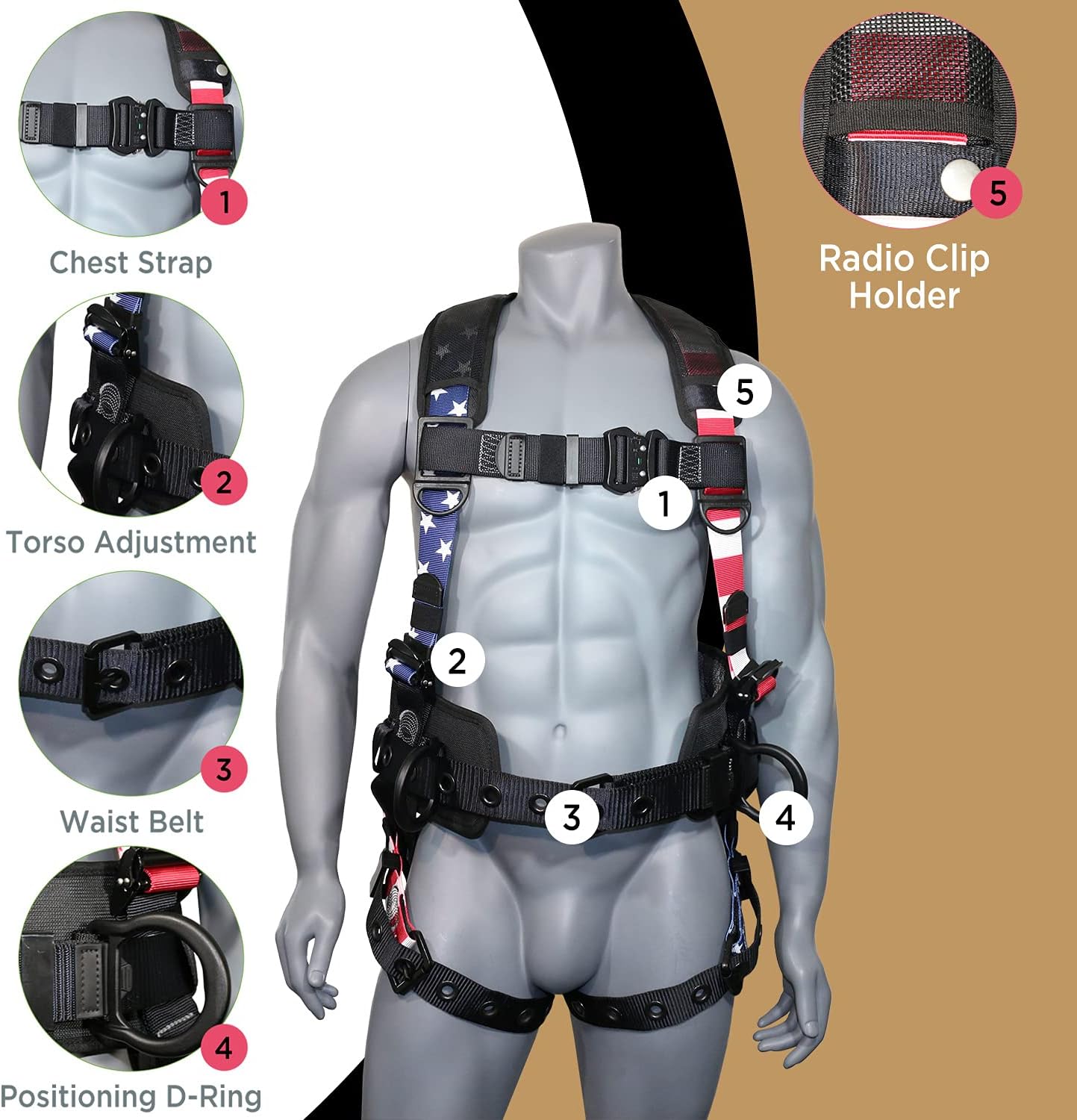 AFP Fall Protection Full-Body Premium Safety Harness, 8” Thick Support Belt, Aluminum D-Rings, Tongue Buckle (OSHA/ANSI PPE)