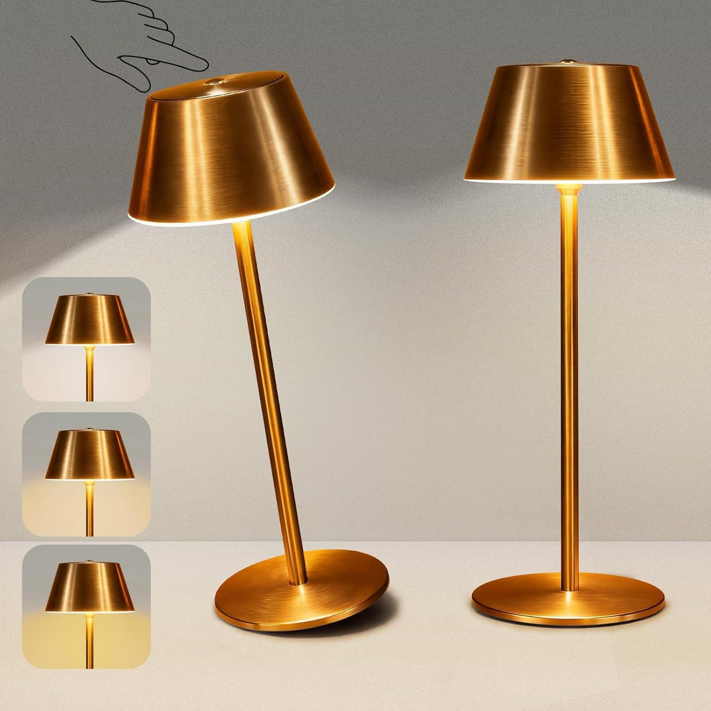2 Pack Gold Cordless Table Lamp, All-Metal Brushed Finish Brass Cordless Table Lamp, Rechargeable with Long Battery Life, Touch Control Accent Light for Bedside, Dining Table, Living Room, Patio& Bar