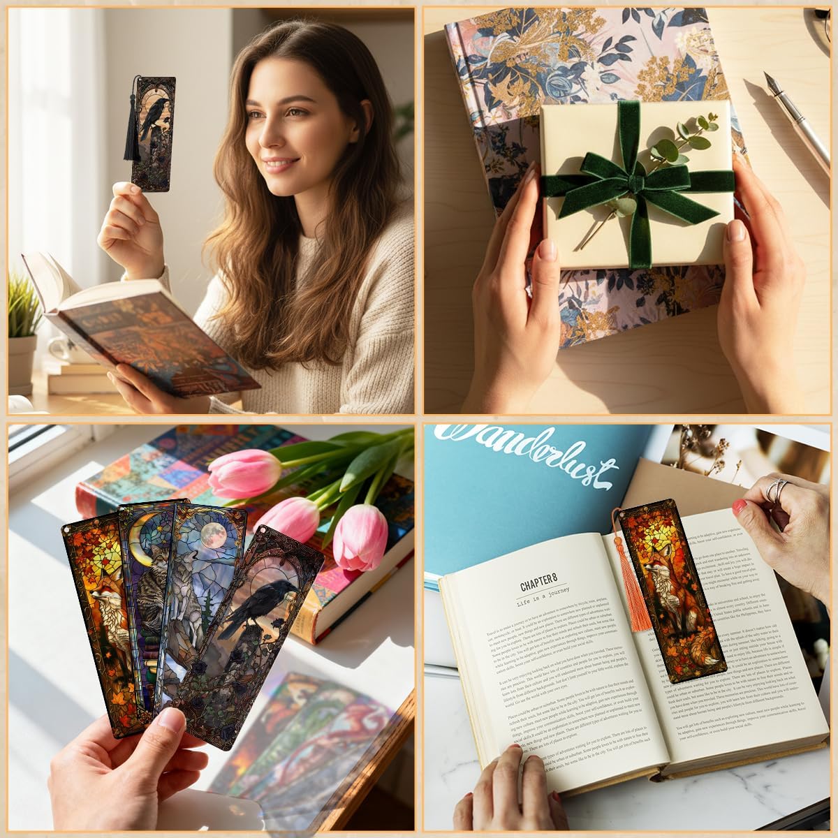 4 Pcs Fantasy Animal Bookmarks Gifts for Reading Women, Stained Glass Transparent PVC Book Marks with Tassels, Cute Black Cat Design Gift, Cool Book Accessories for Book Lovers Bookish