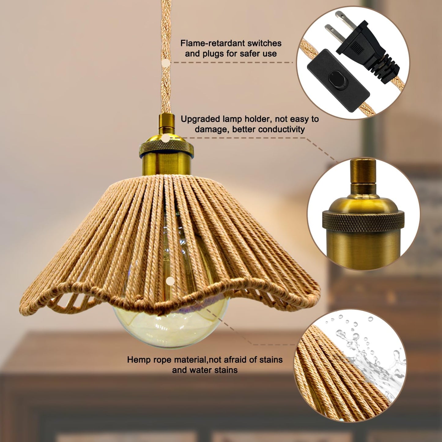 Plug in Pendant Light, E26/E27 Socket Hanging Lights, Hand Woven Hemp Rope Shade 16.7ft Cable with Switch and Plug Bohemian Hanging Light Fixture Vintage Rustic Chandelier (No Bulb)