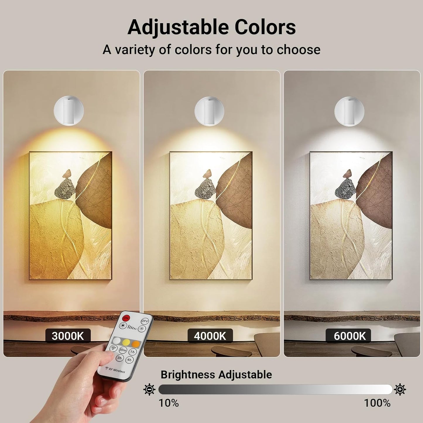 Wireless Led Spotlight Indoor, Plant Spotlight Indoor with Remote Dimmable, 350° Rotate, Rechargeable Uplighting Battery Powered Ceiling Light for Artwork Painting Plant Picture Lights-White