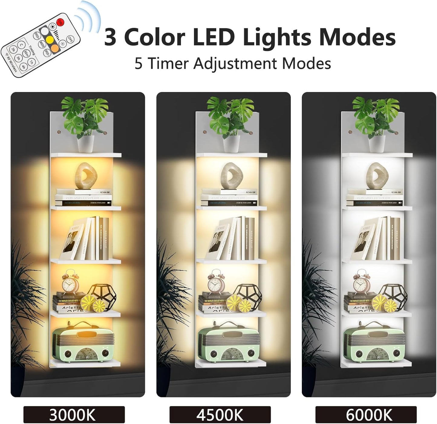 5 Tier Display Shelf Case with Light LED Wall Mount Vertical Lack Shelf with LED Wall Decor Floating Shelves for Bedroom Living Rooms Book Gaming Shelves Supports USB White