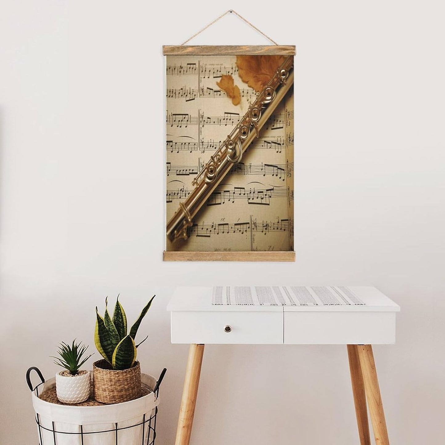 Vintage Flute Music Poster with Wooden Frame Personalized Linen Hanging Scroll Painting Rustic Wall Hanging Illustrative Modern Artwork Decor for Home Living Room Bedroom Office