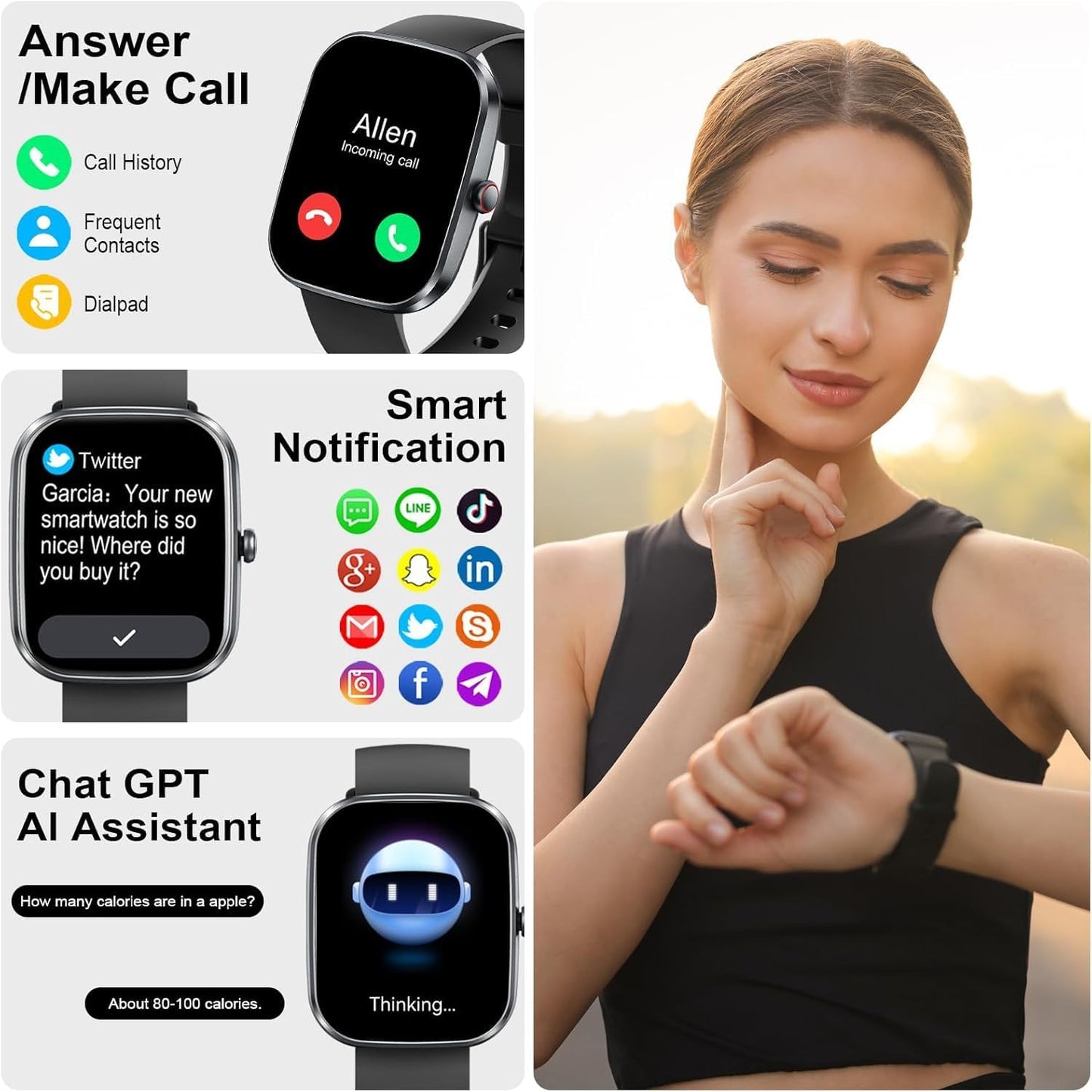 AI Smart Watch with ChatGPT, 1.91" Bluetooth Calling Smartwatch for Men Women, 110+ Fitness Modes Activity Tracker, Sleep/Heart Rate/Calorie Monitor, IP68 Waterproof Step Counter for Android iOS