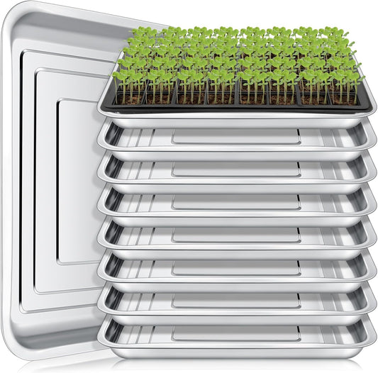 10 Pcs Stainless Steel Seed Starter Tray, Stainless Metal Garden Trays, Nursery Seedling Pots for Collection Transplantation & Propagation Flats, No Drain Holes(15.8 x 11.8 x 1.4 Inch)