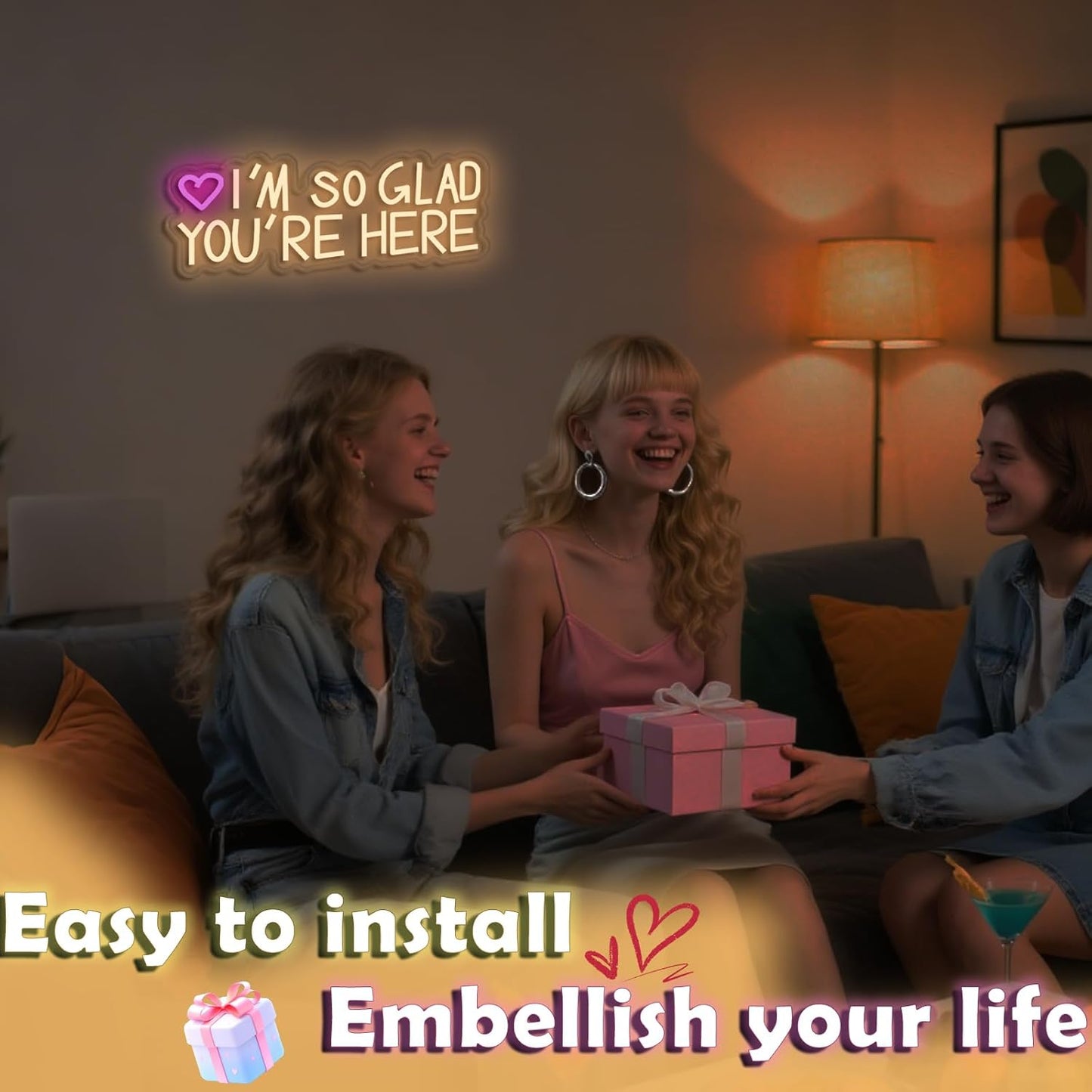 IM SO GLAD YOURE HERE Neon Sign Today for Wedding Birthday Girl Party Wall Decor, Dimmable, USB Powered, Pink Sun and Pink Heart Motivational Gift for Women