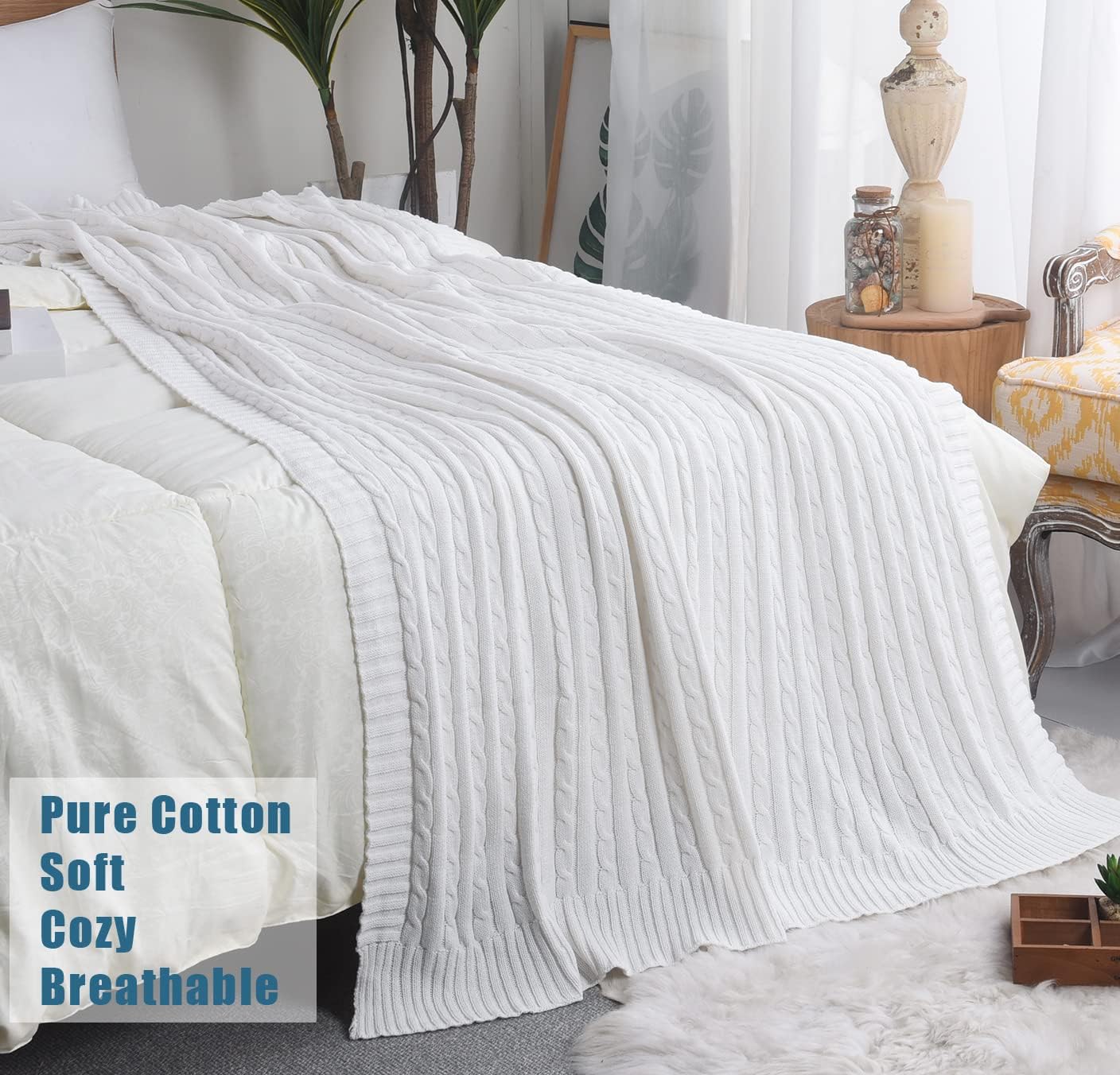Cotton Cable Knit White Throw Blanket, Super Soft Warm Knitted Throw Blanket for Couch, Sofa, Chair, Bed - Extra Cozy, Machine Washable Comfortable Home Decor