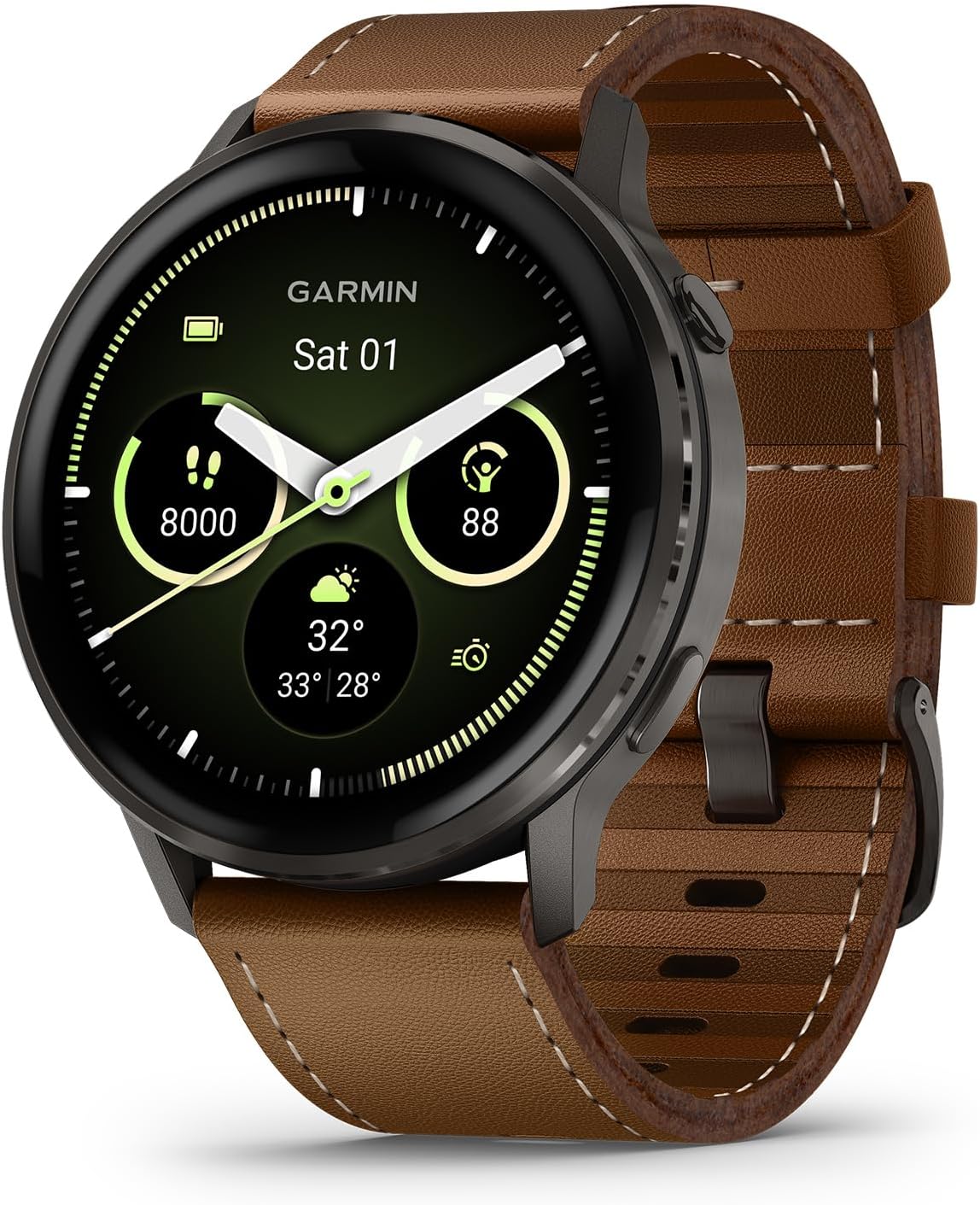 Garmin Venu® 4, 45mm, Advanced Health and Fitness GPS Smartwatch,Bright Colorful Display,Built-in Flashlight,12 Days of Battery Life, Slate with Black Silicone and Brown Leather Band - 2 Bands