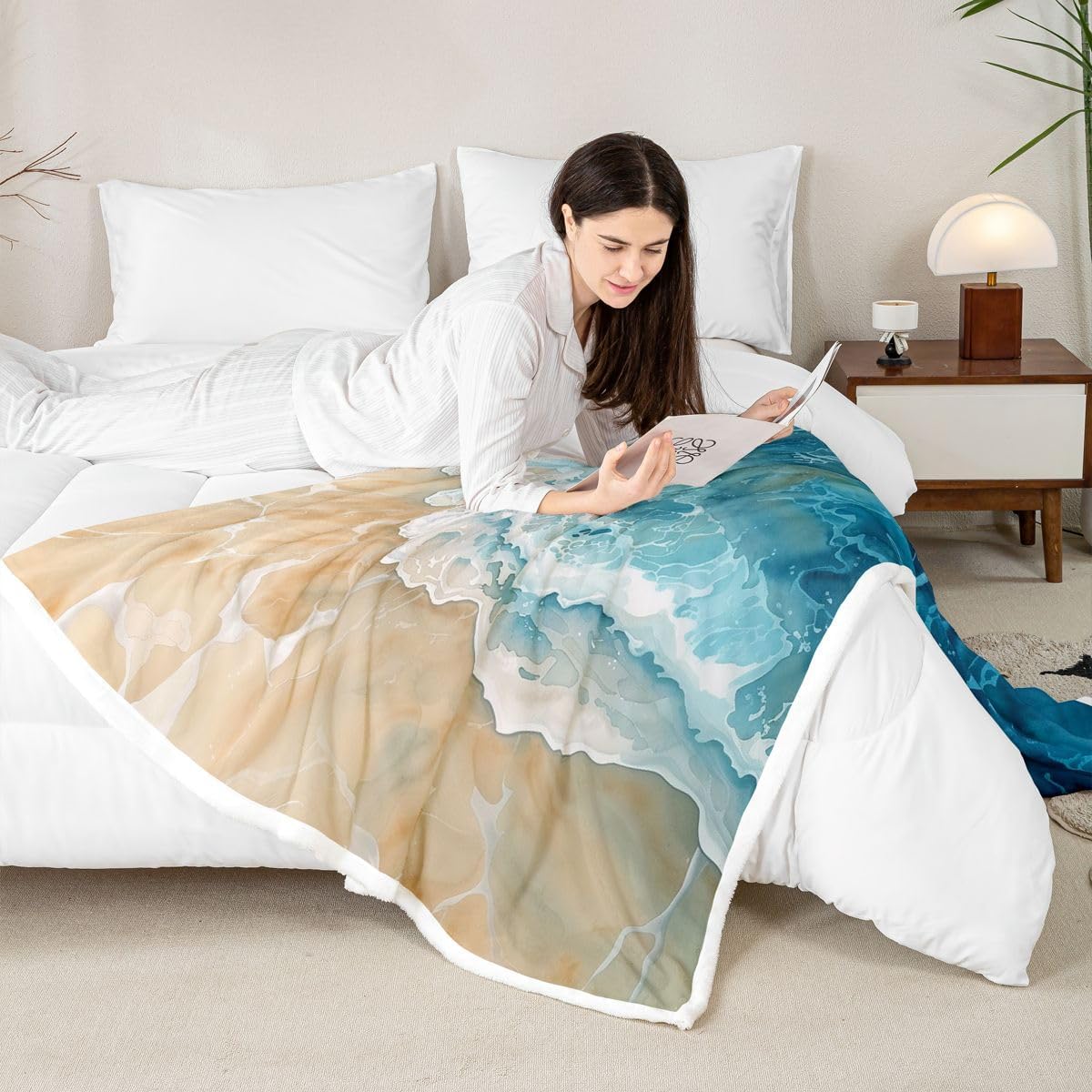 Feelyou Beach Wave Throw Blanket Coastal Sand Soft Fleece Sherpa Cozy Fuzzy Plush Warm Tropical Shore Fuzzy Plush Throw Ocean Themed Queen 90"x90" Seaside Gradient for Bed Couch Living Room