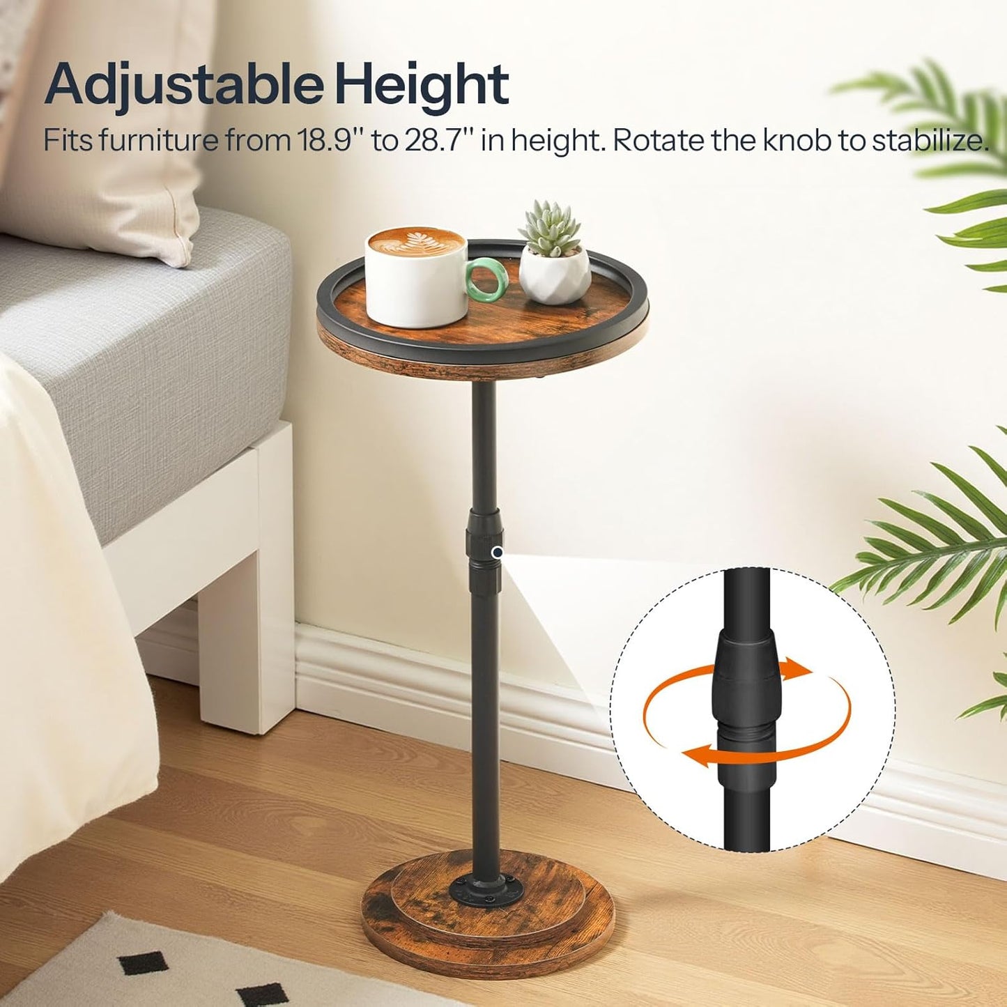 HOOBRO Small Round Side Table, Drink Table Height Adjustable, Coffee Martini Table with Stable Accent Pedestal for Small Spaces in Living Room, Bedroom, Sofa Couch, Rustic Brown BF268BZ01