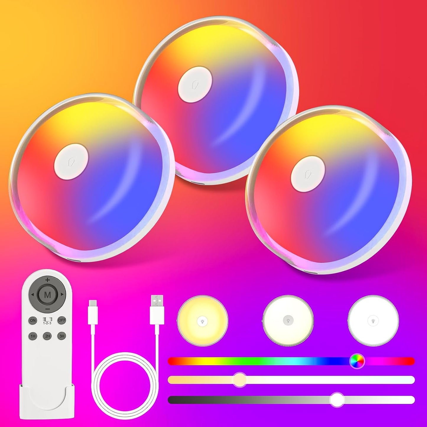 Rechargeable Shower Light, 15 Color Changing Mood Light with Remote, 2600mAh Battery, No Wiring, for Shower, Bathroom, Closet, Bedroom, Livingroom (3Pack-White, 3Pack)