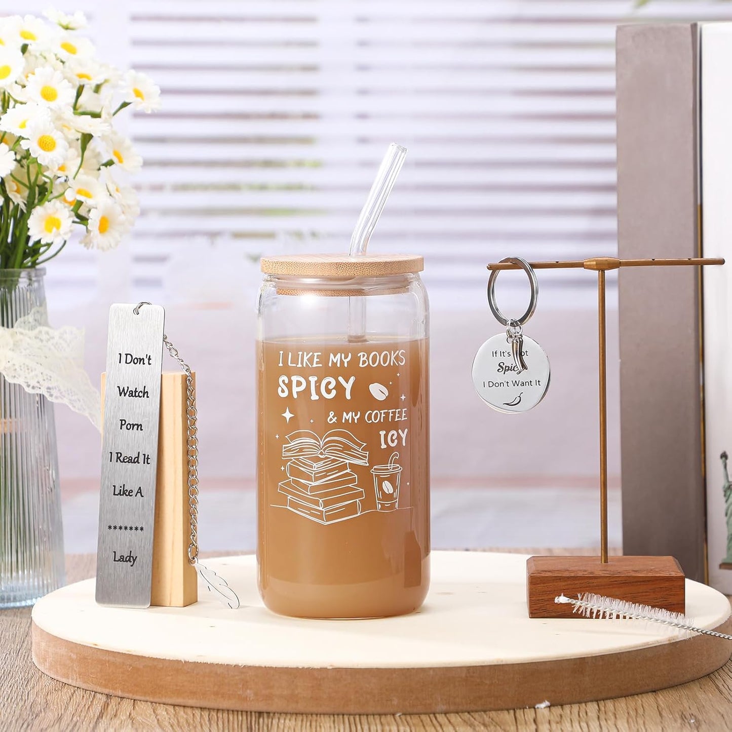 Book Lovers Gifts for Reader Includes 16oz Drinking Glass Cups with Lids Straws Keychain Book Club Bookish Gifts for Women Readers Bookworm