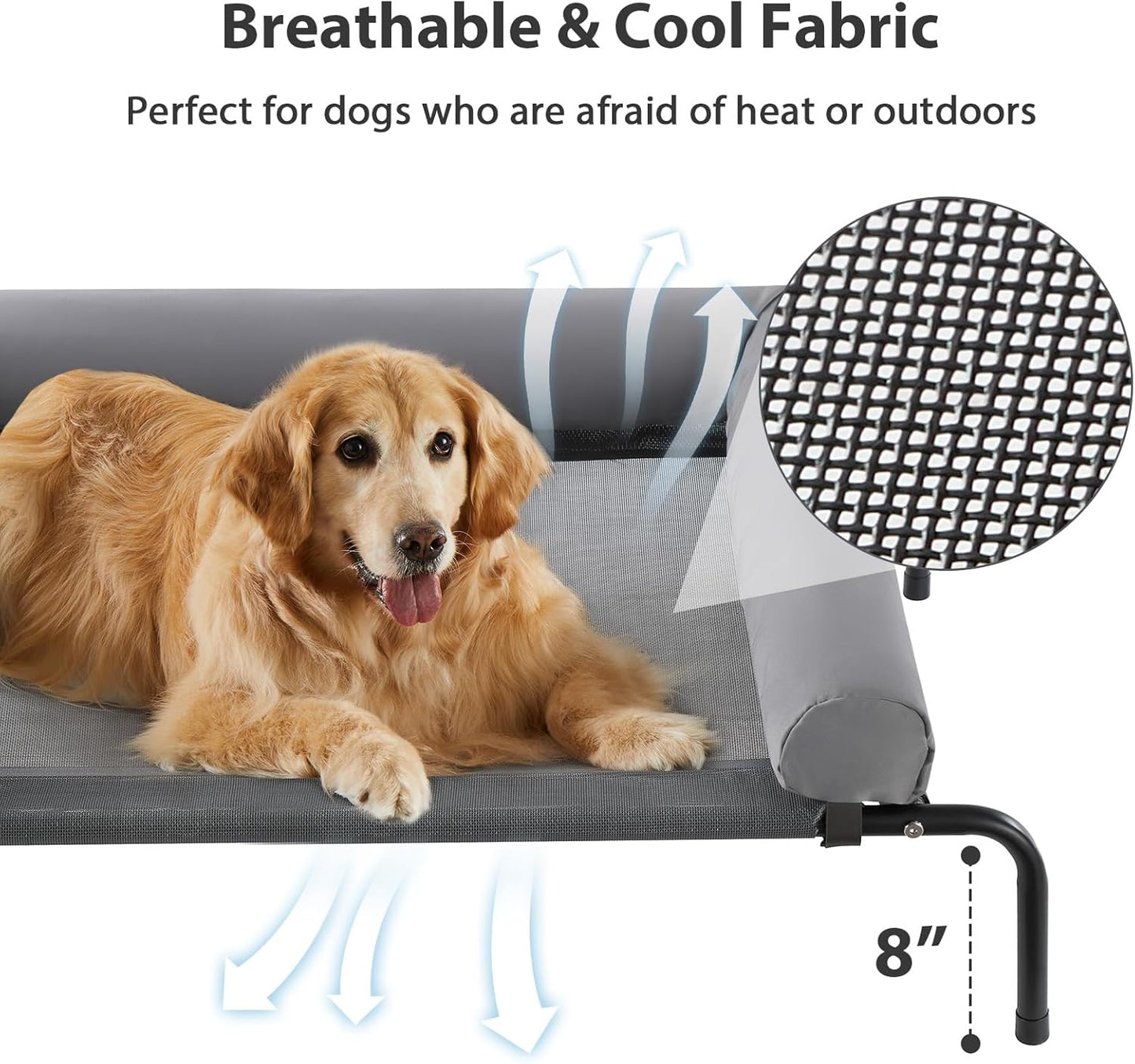 RRPETHOME Large Elevated Cooling Dog Bed 43 x 31 x 8 Inch, Raised Dog Cot Beds for Large Dogs,Elevated Outdoor Pet Bed,Chew Proof Portable Cooling Pet Cot with Skid-Resistant Feet and Breathable Mesh
