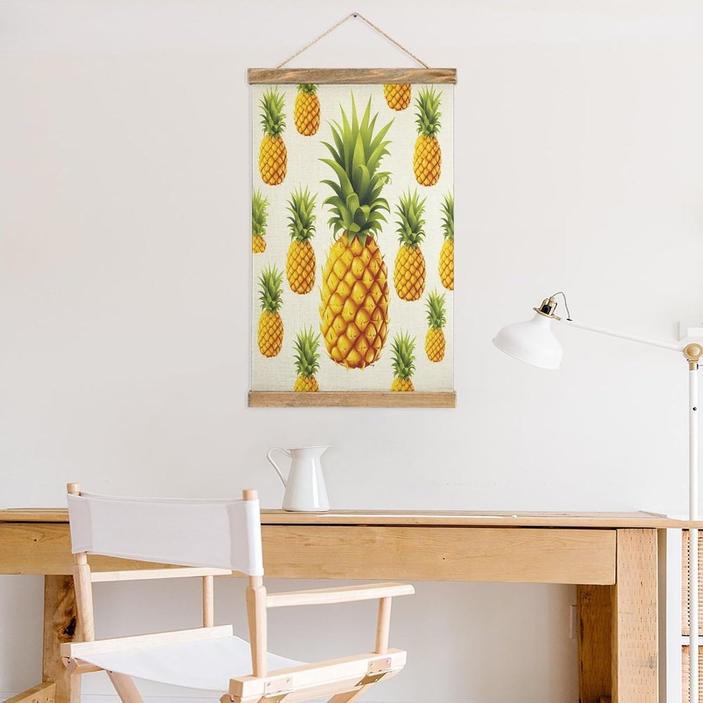 Vintage Yellow Pineapple on White Background Illustration Poster with Wooden Frame Personalized Linen Hanging Scroll Painting Rustic Wall Hanging Illustrative Modern Artwork Decor for Home Living Room