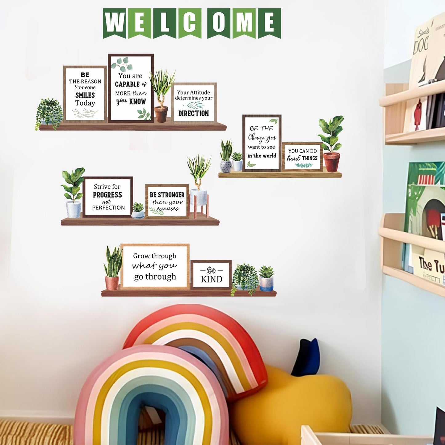 TOARTi Green Plants Wall Decals Motivational Classroom Wall Stickers Potted Plant Bookshelf Bulletin Board Decals Inspirational Quote Back to School Decoration