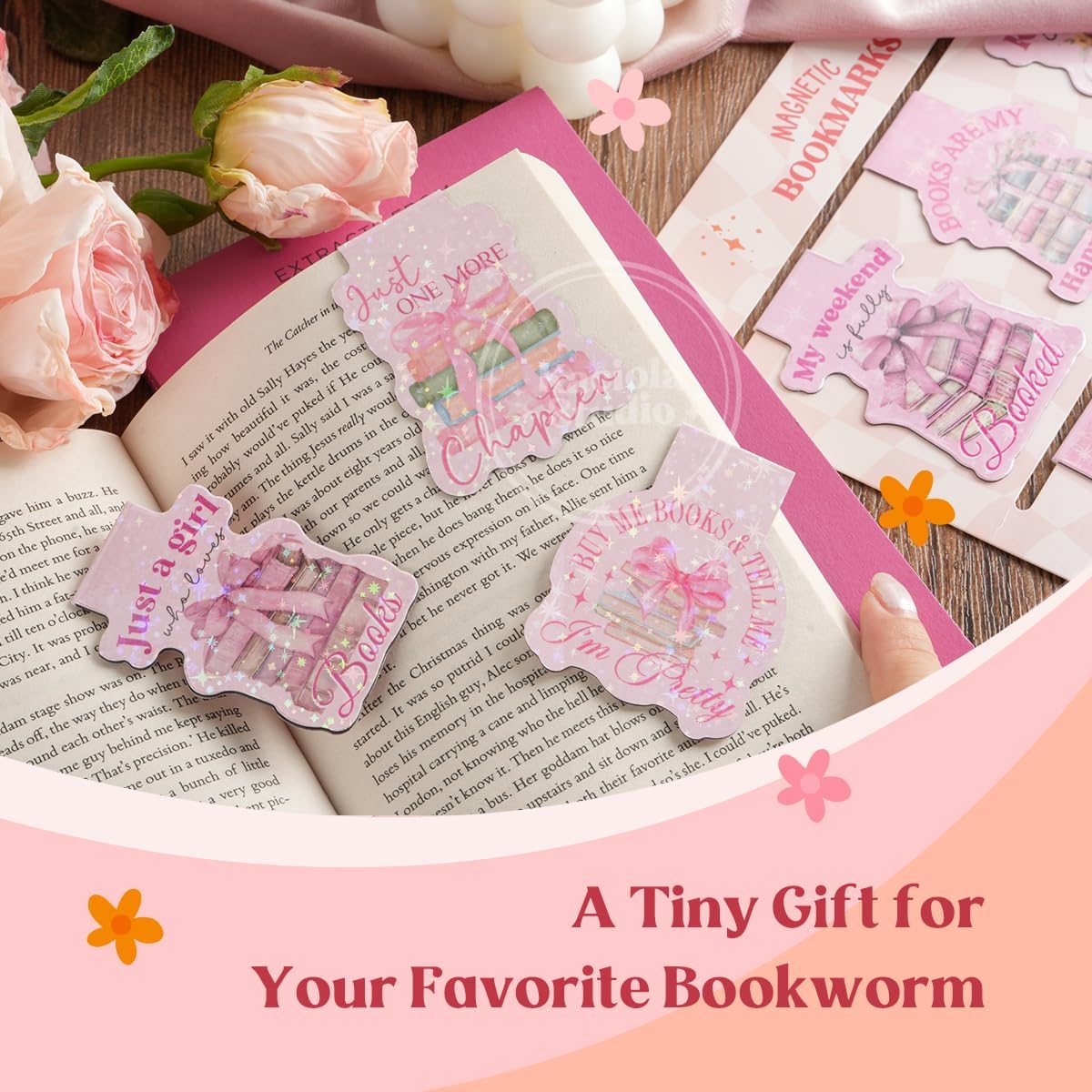 12PCS Glittery Magnetic Bookmarks for Women, Pink Booklovers Theme Funny Magnetic Bookmarks, Magnets Cute Book Marks for Book Lovers Gifts, Cute Gifts for Booklovers Reader Girls