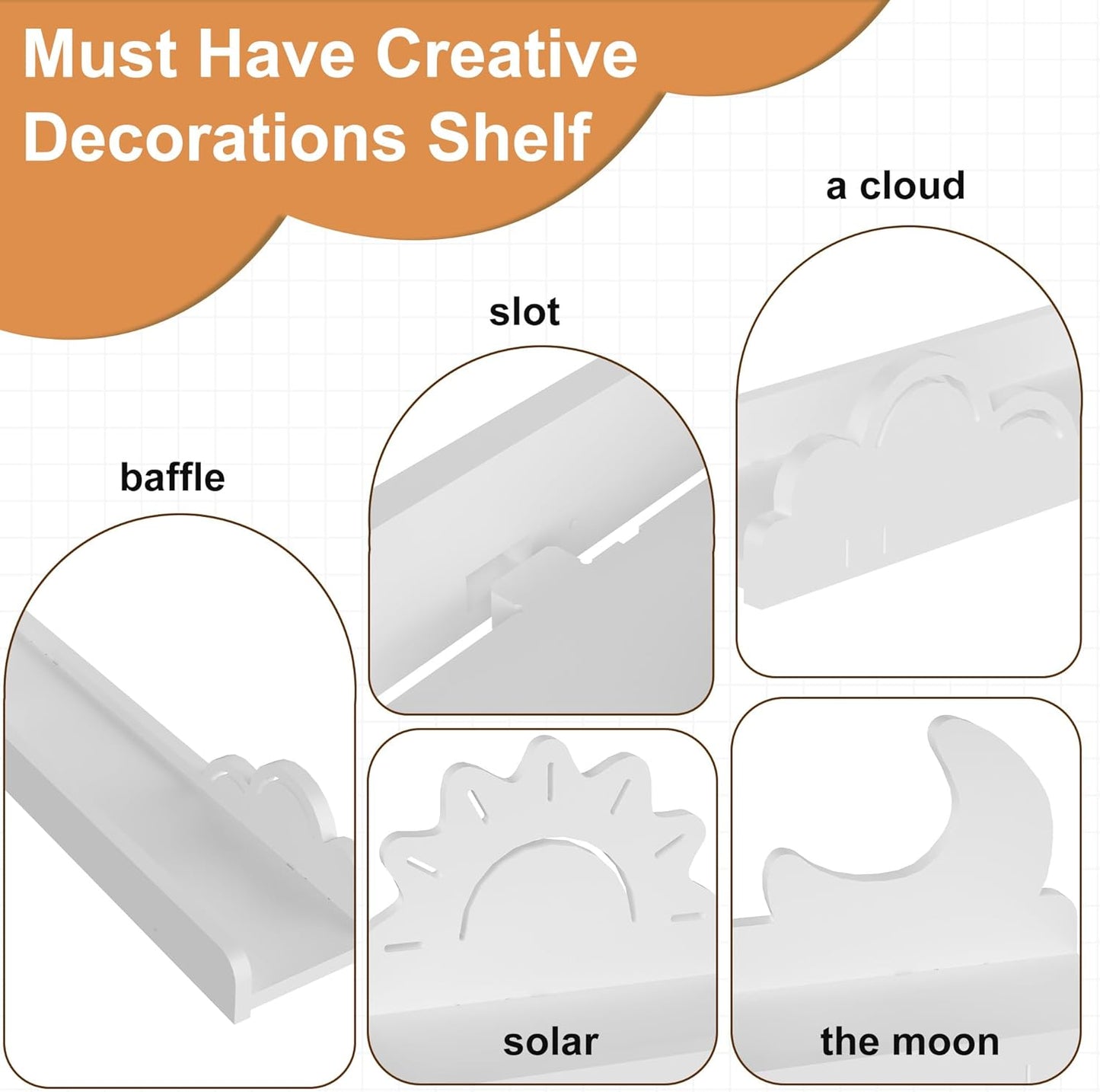 Cute Wall Shelves for Room Decor 2 Pack, White Sun&Moon Bookshelf 16’’L U-Shaped Floating Shelf Wall Mounted, Cute Decorative Cloud Shelves for Books,Plants,Figure, Storage Shelves for Living Room