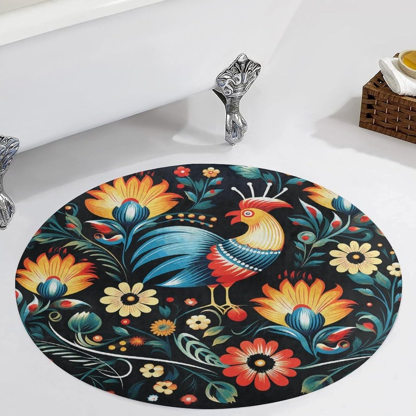 Polish Folk Art Pattern Circle Rug Retro Luxury Coral Velvet Floor Mat Non Slip Soft Indoor Floor Carpet Comfy Thickened Area Rugs Modern Aesthetic Minimalist Carpets for Home Decor