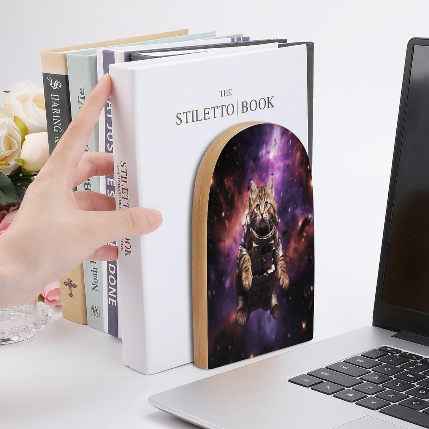 A Cat in Outer Space Bookend for Shelves Wooden Book End Large Size Sturdy Book Holders Stoppers with Metal Base for Bookshelves Slick Decorative Bookends Stands