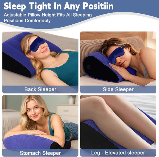 Inflatable Wedge Pillow for Sleeping and Travel - Multi-Purpose Support for Back, Legs, and Knees,Portable Triangle Cushion for Bed, Sofa, or Office,Includes Complimentary Silk Eye Mask(Blue)