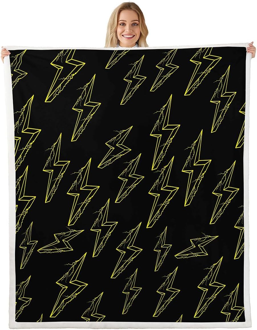 Lightning Pattern Bed Blanket Kids Girls Yellow and Black Sherpa Blanket Soft Cozy Lightweight Lightning Sign Plush Fleece Modern Cool Blanket Gifts for Bed Chair Office Sofa(Throw 50"x60")