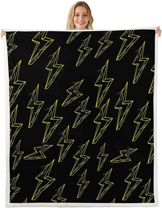 Lightning Pattern Bed Blanket Kids Girls Yellow and Black Sherpa Blanket Soft Cozy Lightweight Lightning Sign Plush Fleece Modern Cool Blanket Gifts for Bed Chair Office Sofa(Throw 50"x60")