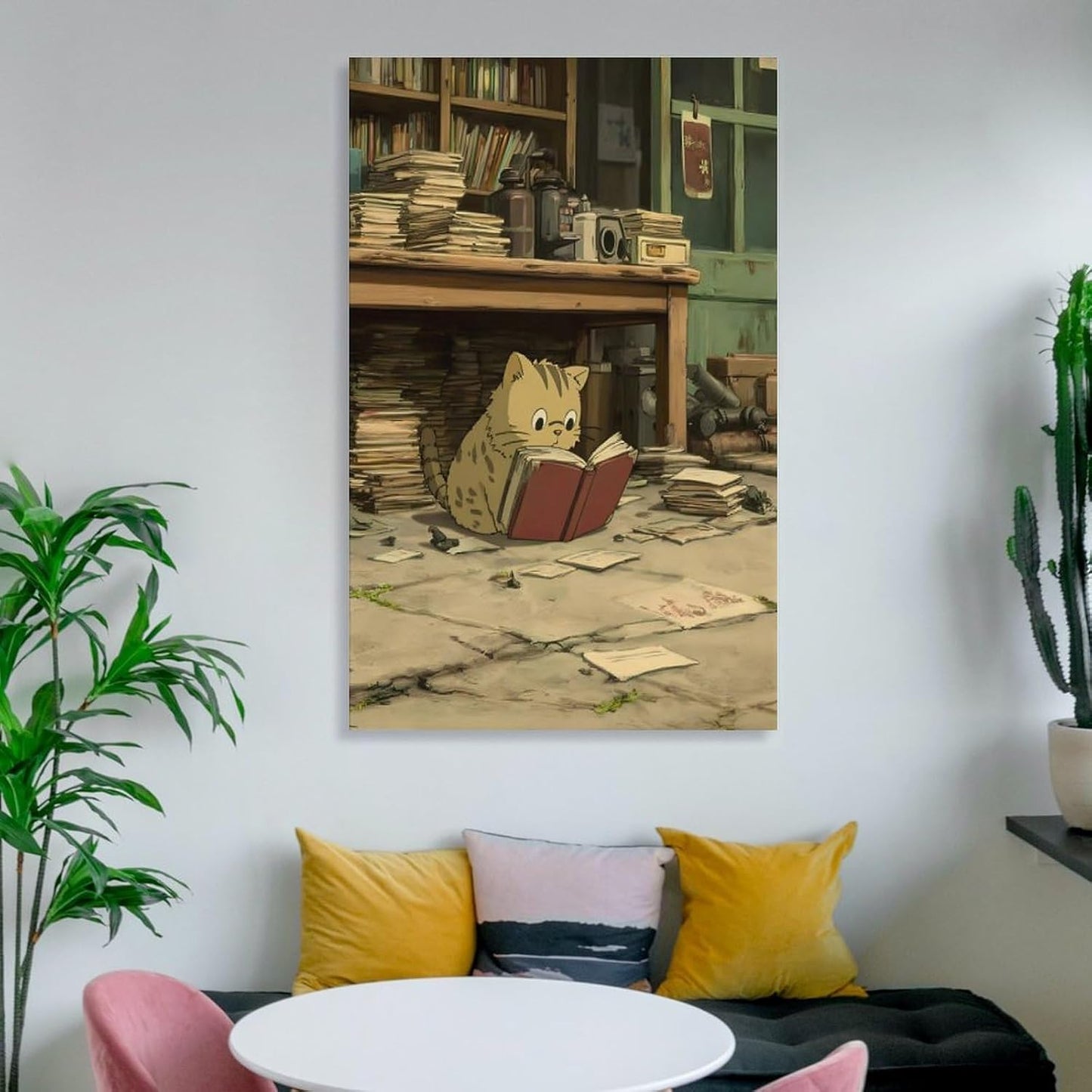 Kitten Sitting Room Full Books Clutter Seriously Reading Red Book Canvas Wall Art Living Unframe-style-2 08x12inch(20x30cm)