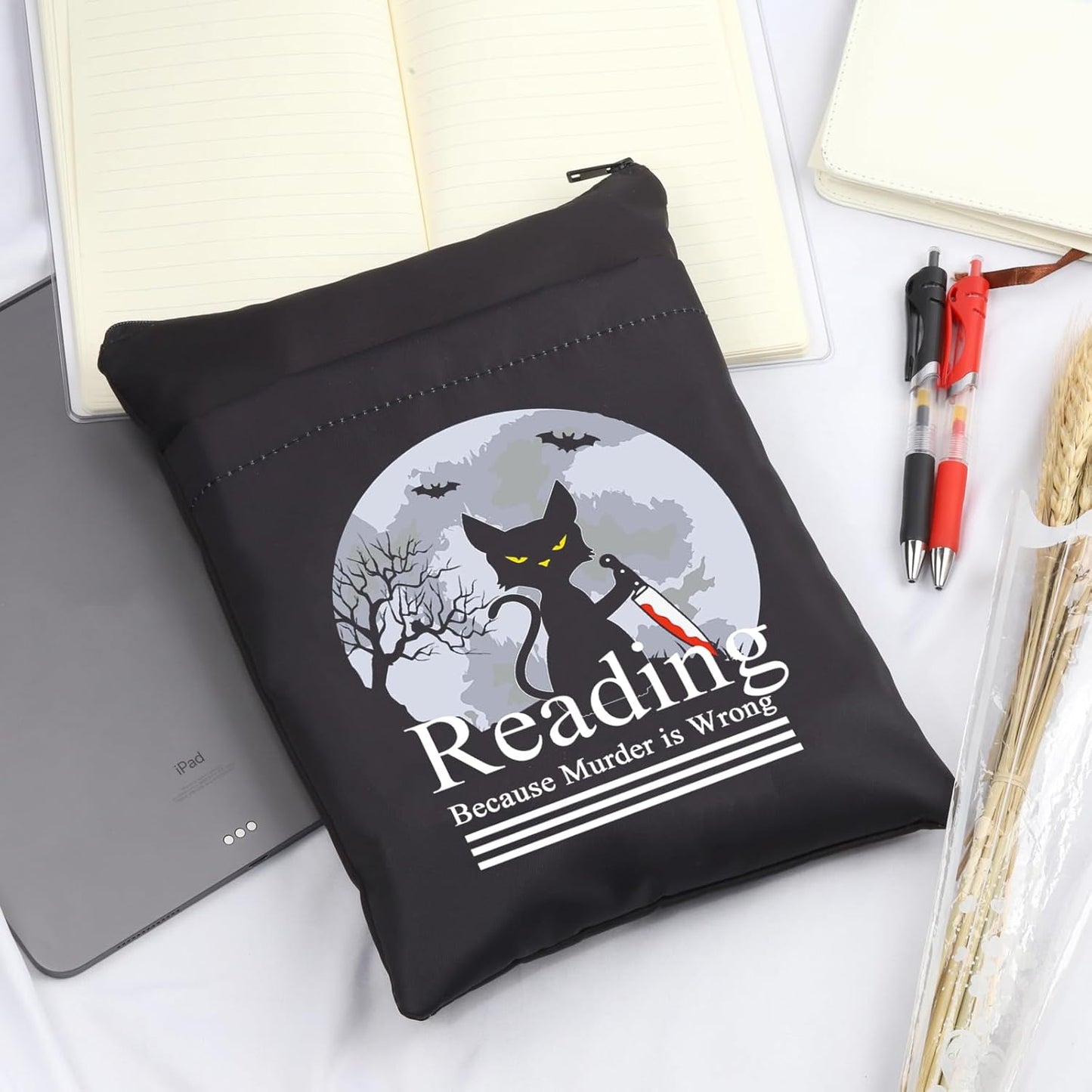 CMNIM Murderous Cat Holding Knife Book Sleeve C at Merch Gift Reading Because Murder Is Wrong Cats Gift for Reader