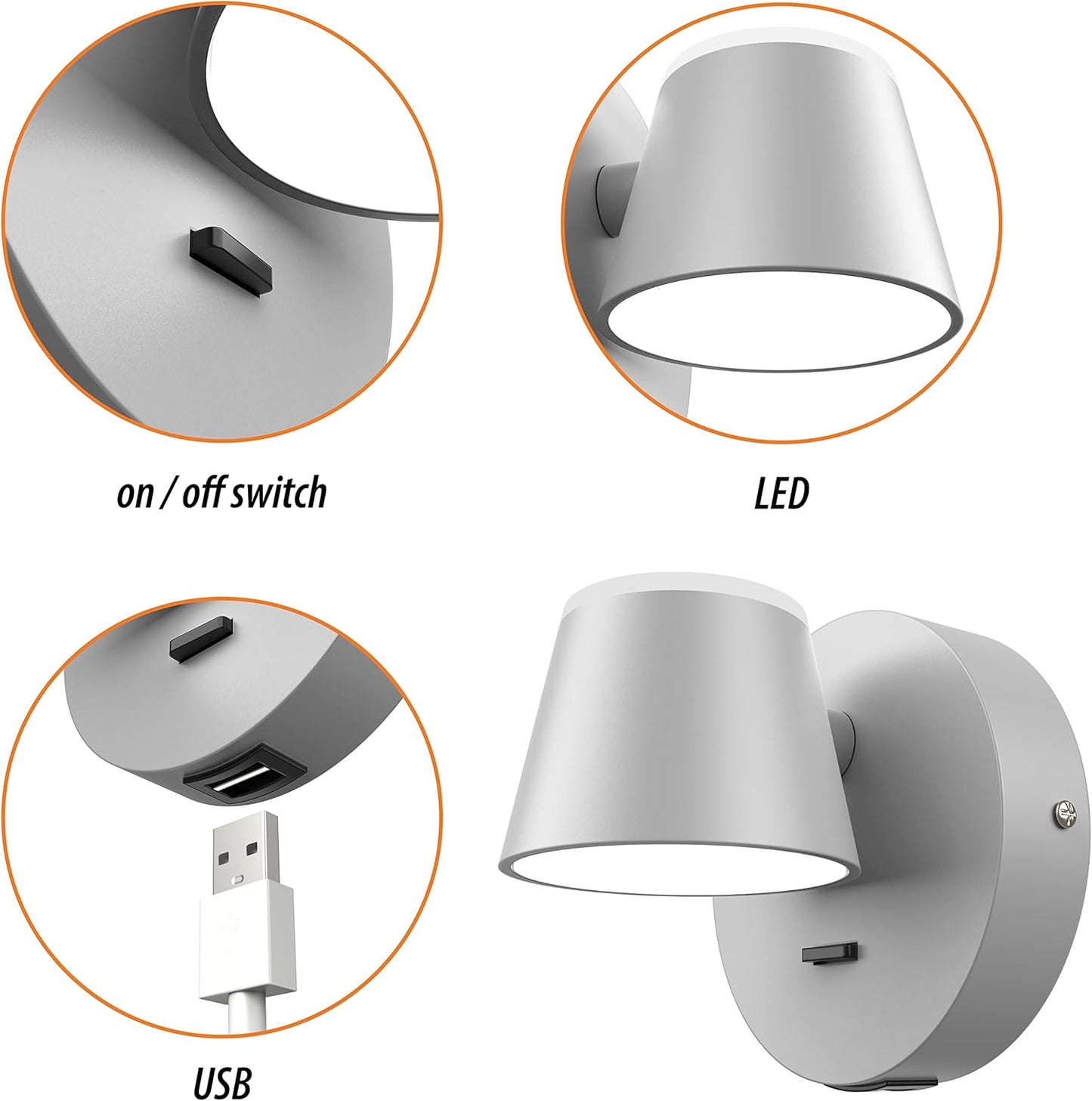 URSOLA Wall Light LED Wall Sconce with On/Off Switch USB Charging Port 110 Volt Hardwired Wall Lamp 350 Rotatable Up Down Sconces Wall Lighting (Grey)