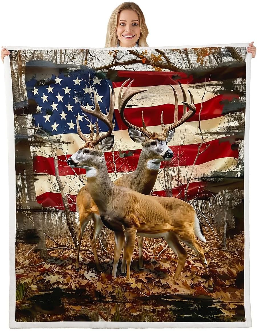Feelyou Hunting Camo Deer Sherpa Throw Blanket for Couch American Flag Deer Super Soft Cozy Fleece Wildlife Animal Blanket for Winter, Plush Throw Camo Baby 30"x40" All Season