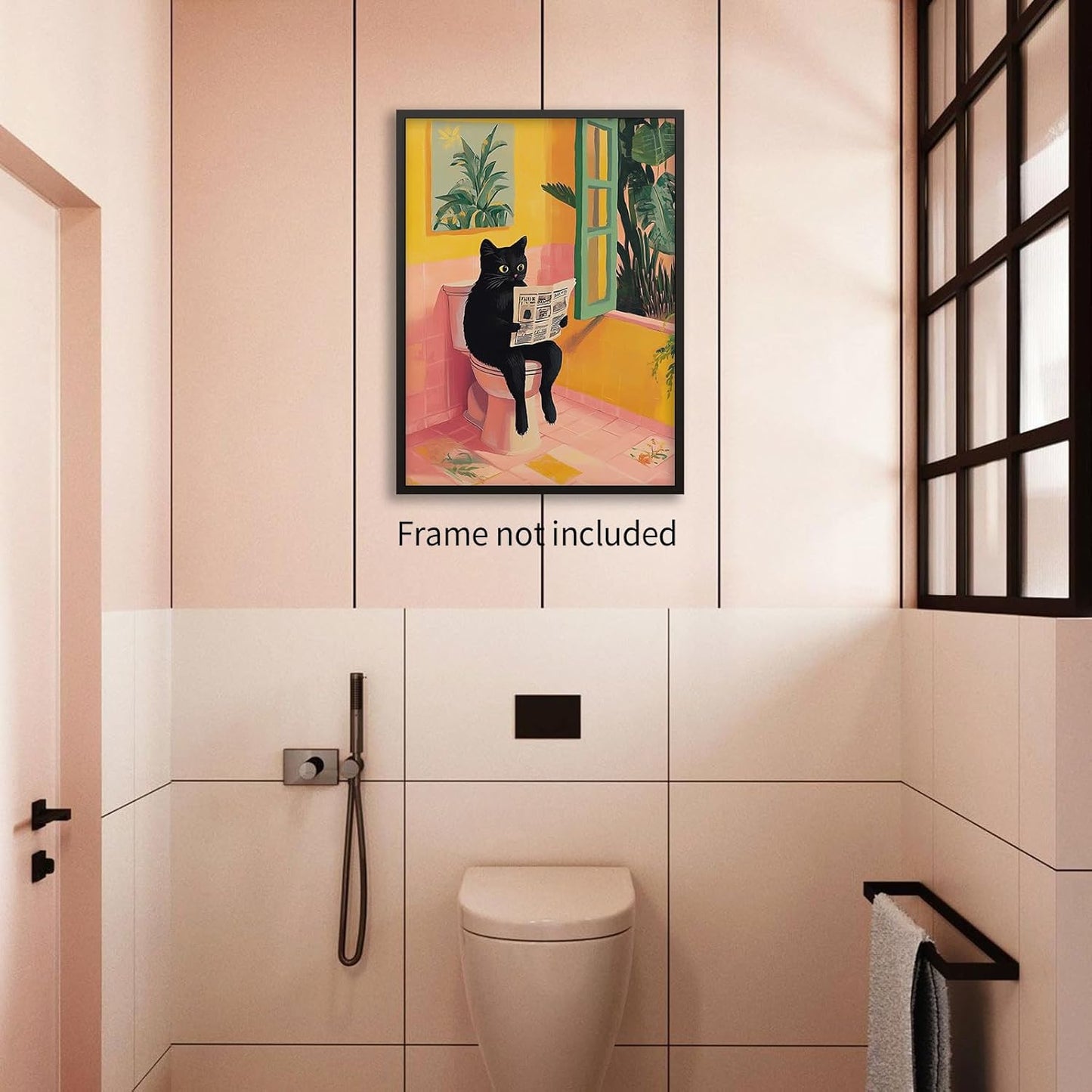 Jefuzh Black Cat Bathroom Wall Art Cat Sitting on Toilet Reading Newspaper Posters Funny Animal Pictures Prints for Toilet Showering Bath Wall Decor （12 x 16 inches Unframed）