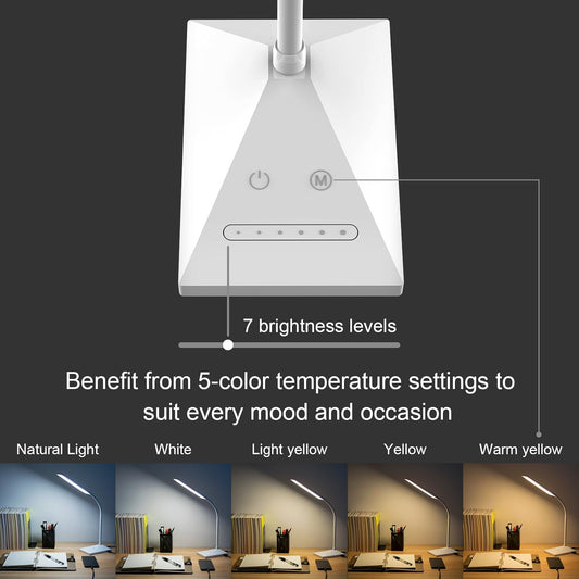 RAOYI LED Desk Lamp, 12W Dimmable Table Lamp Eye-Caring Reading Light with USB Charging Port Touch Control 5 Color Modes 7-Level Brightness Adjustable for Office Home Bedroom (White)