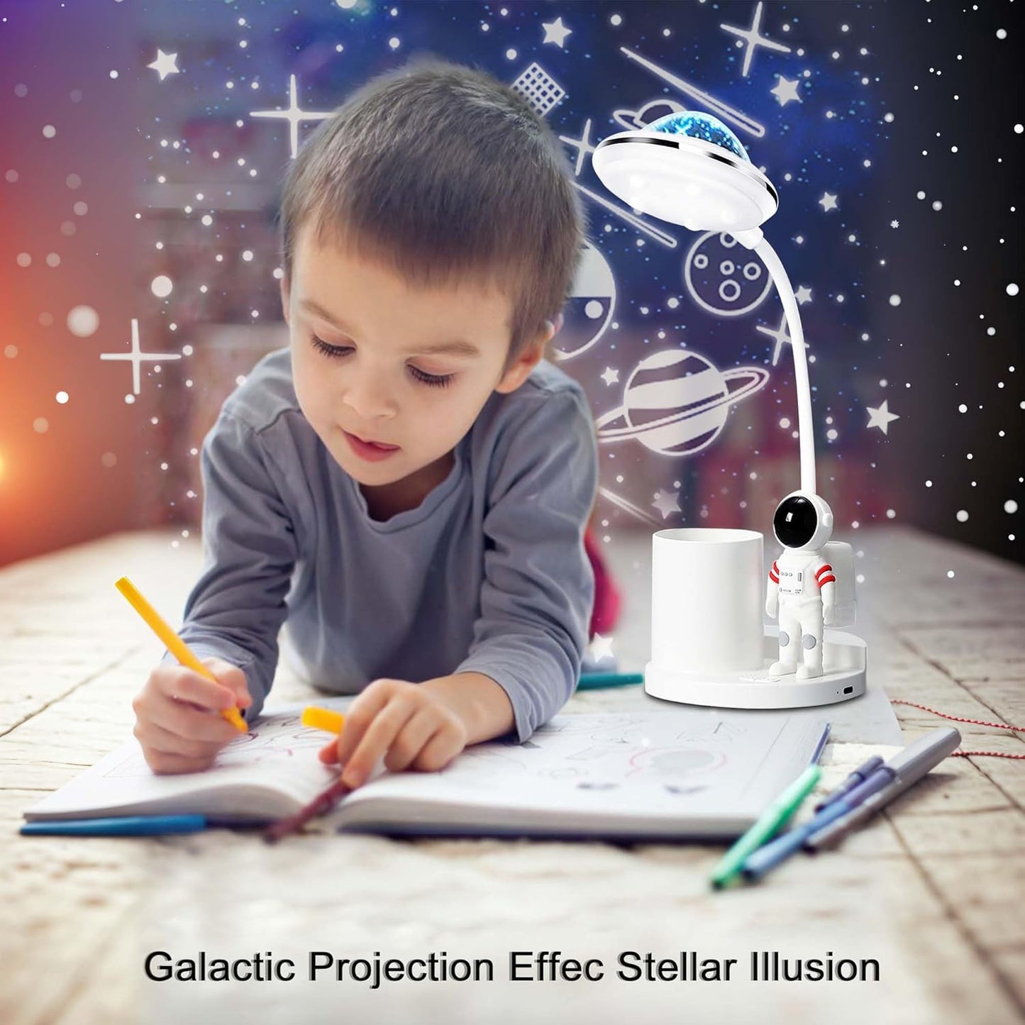 Astronaut Desk Lamp for Kids,Star Space Projector Space Rocket Lamps,Astronauta Lights with Pen Holder,Step-Less Dimming Lighting,Eye-Care Reading Small Desk Lamps for Bedroom,Gifts for Boys and Girls