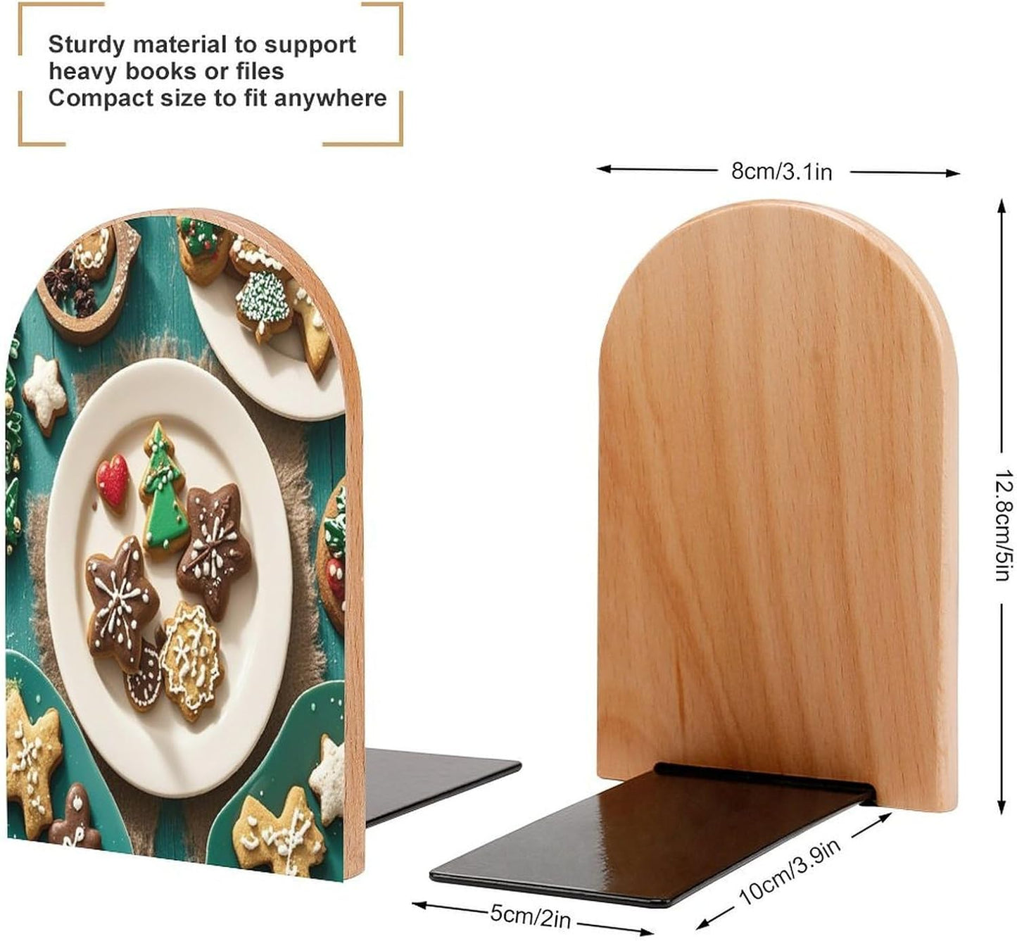 Christmas Cookies Bookends 1 Pair Heavy Duty Book Ends for Shelves Non-Skid Bookend Supports Wooden Book Holders with Metal Base Desk Organizers Books Storage to Hold Books