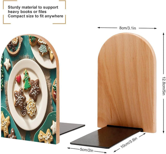 Christmas Cookies Bookends 1 Pair Heavy Duty Book Ends for Shelves Non-Skid Bookend Supports Wooden Book Holders with Metal Base Desk Organizers Books Storage to Hold Books