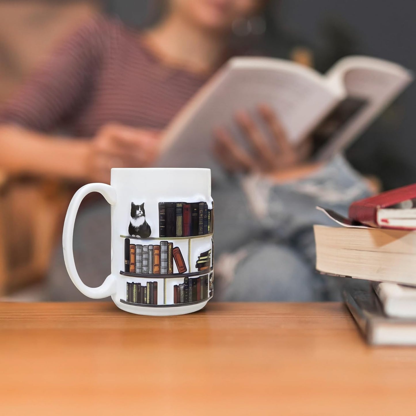 Full-Wrap Embossed 3D Book Mugs For Book Lovers Gifts For Readers Women 3D Bookshelf Mug 15Oz - A Library Shelf Cup, Cat Mugs For Cat Lovers Women And Men, Love Cats Mug Gift For Writers And Authors